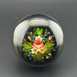 Black Round Metal Trinket Box Hand Painted Flowers Red Interior Lid Russian 2.75
